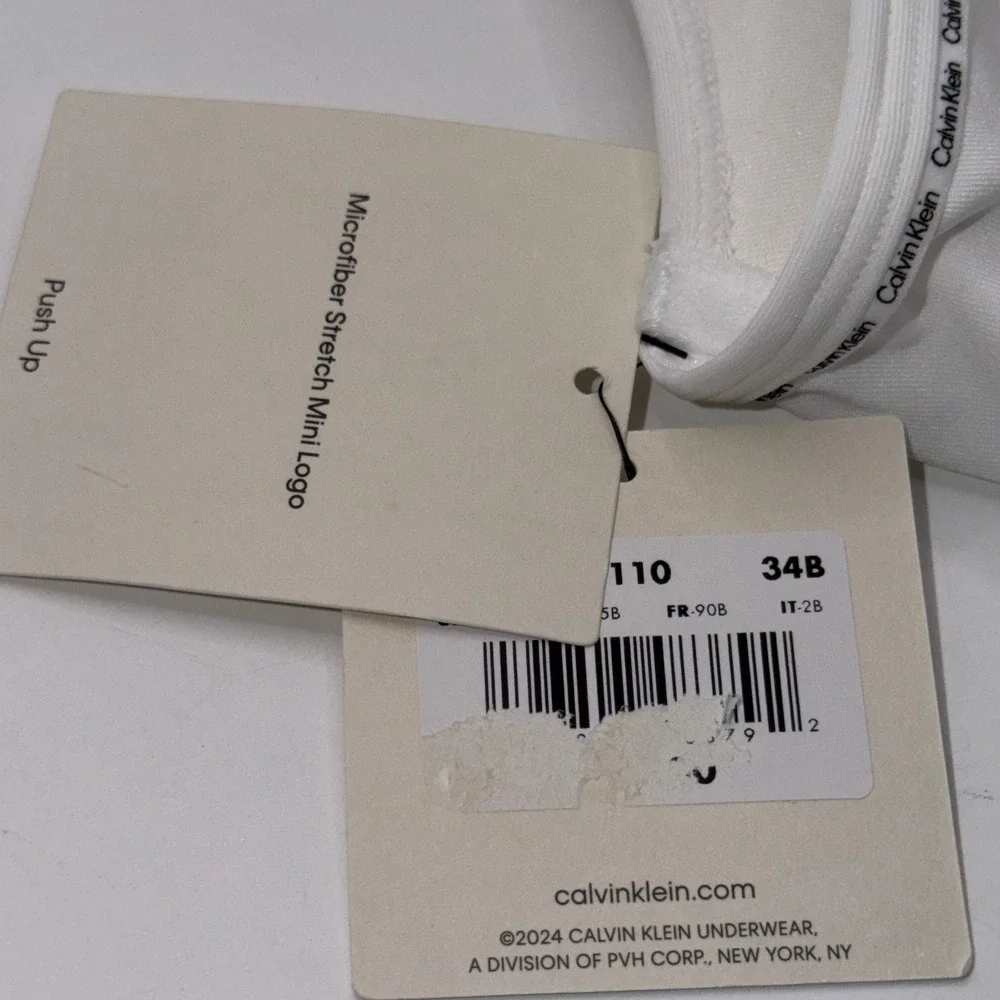 Calvin Klein 34B Microfiber Stretch Mini Logo White Push Up Bra Minimalist Basic